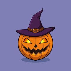 Spooky jack o lantern with witch hat glowing eyes and grinning face