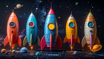 Five cartoon rockets with colorful details against a starlit space backdrop