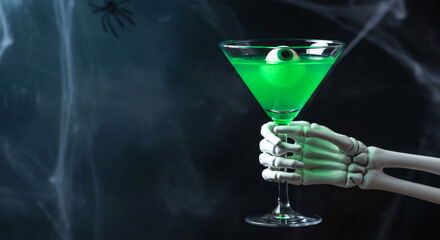 Skeleton hand holding green Halloween cocktail with eyeball