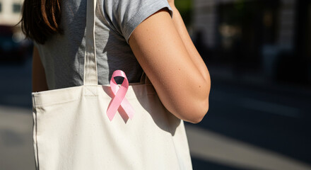 Pink breast cancer ribbon pinned on white tote bag