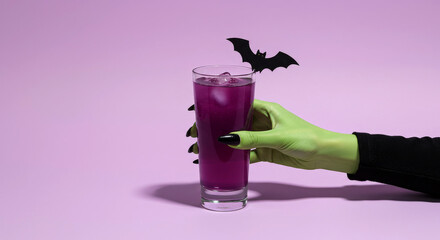 Halloween drink in witch hand with bat decoration on purple background