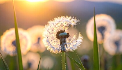 Dandelion seed heads backlit by warm sunlight, with soft focus