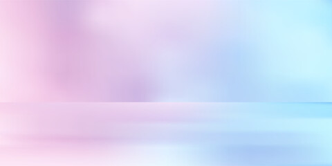 Panoramic abstract blue background for product presentation with sunlight and blurred shadows wall. Winter background.