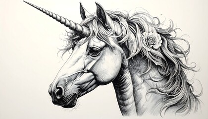 Detailed grayscale illustration of a unicorn's head with long, flowing mane