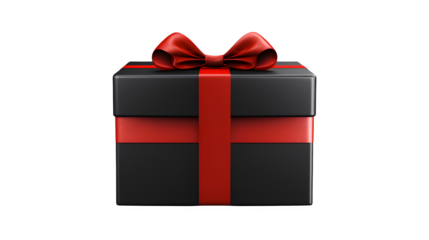 Black gift box with red ribbon, isolated on transparent background