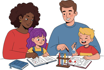 Family learning together, science experiment, workbook activity, children with parents, test tubes, beaker, education, teamwork, hands-on learning, creative classroom moment