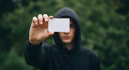 A person in a black hoodie holding a blank white card, blurred background.