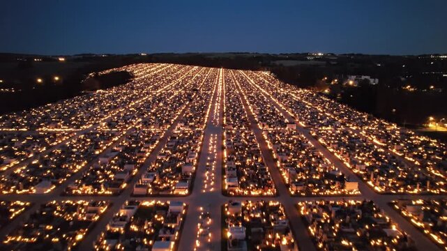 Aerial view of a cemetery at night with many lights glowing.