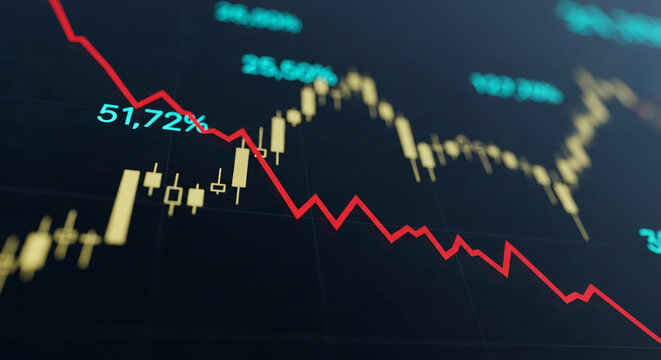 Graphic display of red line graph decreasing on black background with yellow candlestick chart, showing decline and negative trend in stock market