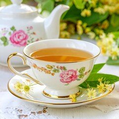 Floral teacup with tea and teapot, enhanced by blossoms and foliage