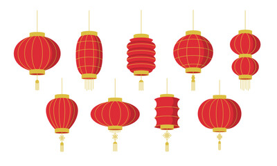 Cartoon Asian Lanterns Set. Asian, Chinese, Japanese lanterns in flat style isolated on white background. Vector illustration