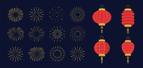Festival fireworks set with asian lanterns isolated on dark background. 12 Fireworks explosions and 4 chinese, japanese lanterns. Vector illustration