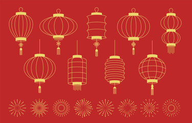 Festival asian design elements set. 9 Asian lanterns line icons. 10 fireworks icons. Vector illustration