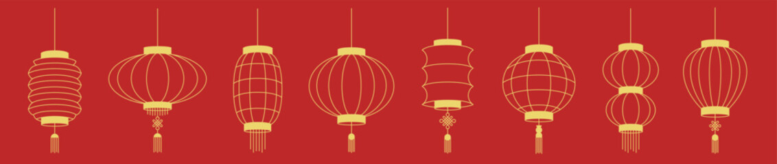 Chinese lanterns set. 8 Asian outline lanterns isolated on red background. Vector illustration