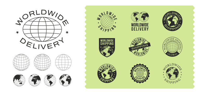 Worldwide delivery logo set. 9 World delivery emblems with wireframes, and earth globe icons. Vector illustration