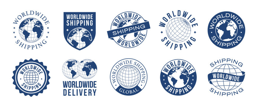 World Shipping badges, logos. Worldwide delivery logo set. Vector illustration