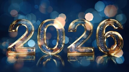 golden 2026 text with abstract geometric shapes and bokeh lights on a dark blue background celebrating new year