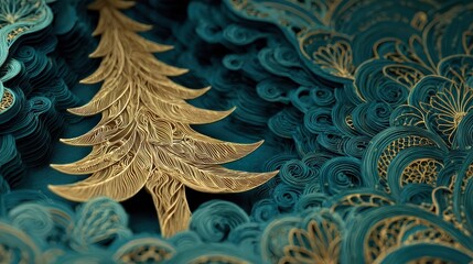 intricate papercut christmas tree scene teal and gold minimalist style