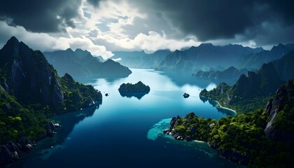 Island scenery beneath a cloudy sky