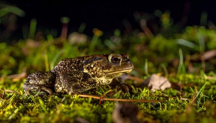 Obraz premium A close-up of a toad resting on a bed of moss at night