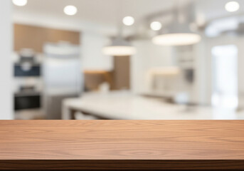 Wooden Tabletop Perspective in Modern Kitchen with Island, Lighting, Appliances, and Background Blur.