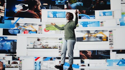 Happy person delighted by clips, enjoying technology bridging people worldwide. Jolly woman with...