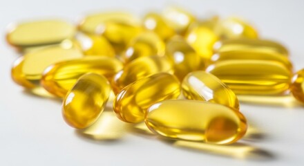 Close-up of shiny yellow capsules for health and wellness supplements