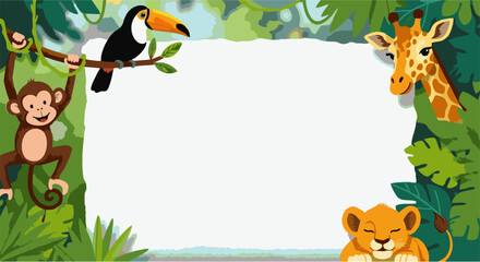 A delightful jungle-themed border with playful cartoon animals like a monkey, toucan, lion cub, and giraffe, perfect for invitations and decorations © Darmanto