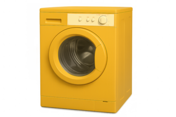 Yellow front-loading washing machine isolated on transparent background, modern household laundry appliance
