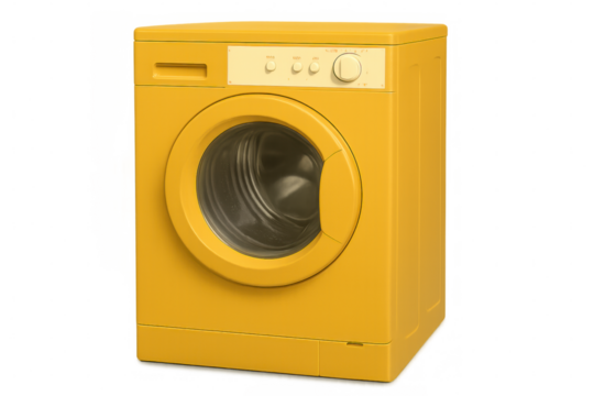 Yellow front-loading washing machine isolated on transparent background, modern household laundry appliance