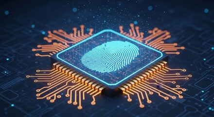 Digital security concept with fingerprint on microchip circuit board for technology design