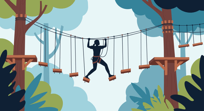 A woman navigating a vibrant rope course among lush trees, perfect for adventurous marketing campaigns