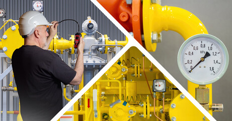 Man uses gas analyzer. Compressor station. Man with gas analyzer near pipes. Workers service...