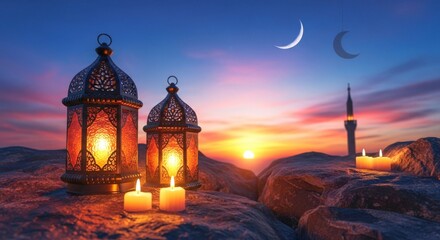 Fototapeta premium Ramadan lanterns glowing warmly against a sunset sky with crescent moons