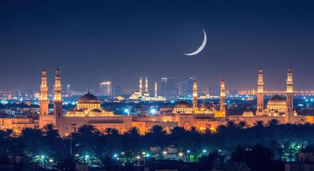 Fototapeta premium Cityscape illuminated at night with a crescent moon in the sky above