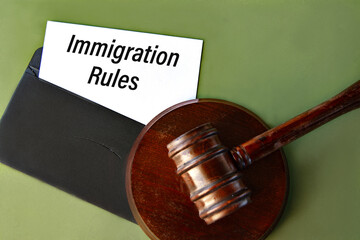 Black envelope with the text IMMIGRATION RULES and the judge's gavel on a green background