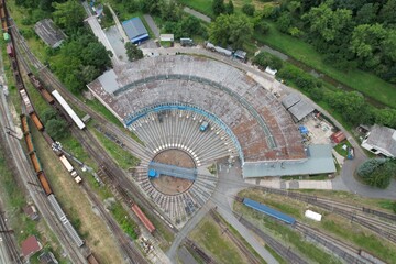 Railway turntable for locomotives aerial view train turntable