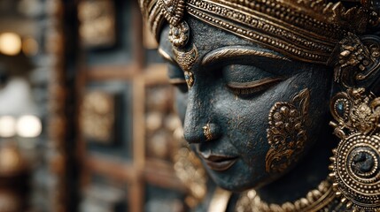 Fototapeta premium Serene Sculpture: Detailed Close-Up of a Decorated Spiritual Figure with Golden Adornments