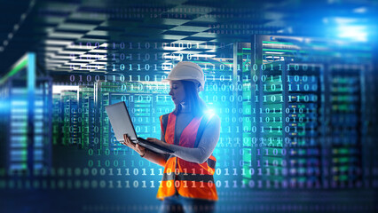 Female engineer with laptop monitoring data center servers and digital network system, binary code overlay symbolizing cybersecurity and IT. Information Technology, Data Center.