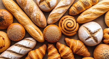 An overhead shot of a variety of freshly baked breads and pastries.