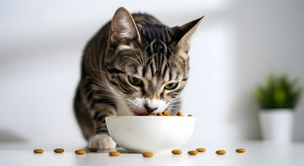 A close-up shot of a tabby cat eating dry food from a white bowl on a white surface.