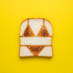 A slice of toast with a bikini design, creatively toasted on a yellow background.