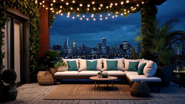 Cozy modern rooftop terrace with string lights overlooking a glowing city skyline at night