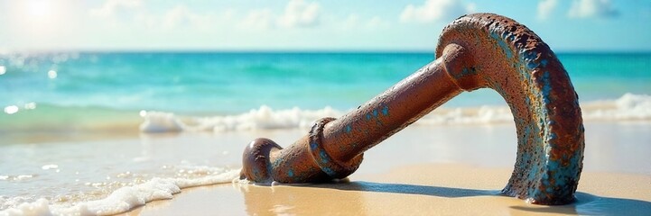 Rusty Anchor on Sandy Beach Sunlit Ocean Serenity, a weathered symbol of seafaring adventures and tranquil coastal scenes.  A nostalgic image perfect for travel, nautical, and nature themes.