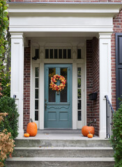 front door of house with Halloween decorations