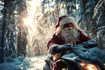 A bearded Santa Claus in a red coat rides a snowmobile in the forest on Christmas Eve. A portrait of an elderly Santa riding along a snowy path