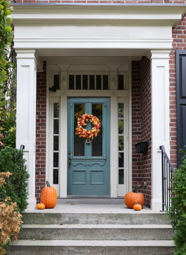 front door of house with Halloween decorations