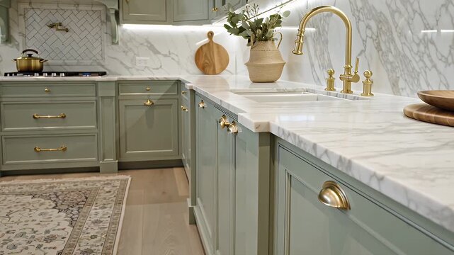 Elegant Sage Green Kitchen Cabinetry with Brass Hardware and Marble Backsplash
