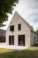 Modern house with stone exterior and large windows located in a green neighborhood, showcasing contemporary architectural design during a sunny day