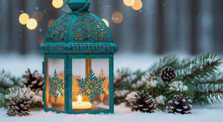 Turquoise Christmas lantern with a snowflake design glowing in the snow. Cozy winter scene with pinecones and festive bokeh lights.
